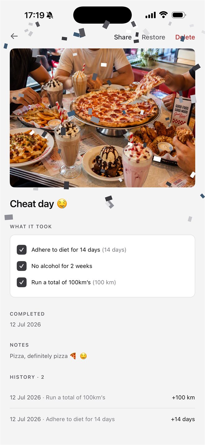 Graphite theme: Cheat day earned under confetti — 14 days on the diet, 2 weeks no alcohol, 100 km run
