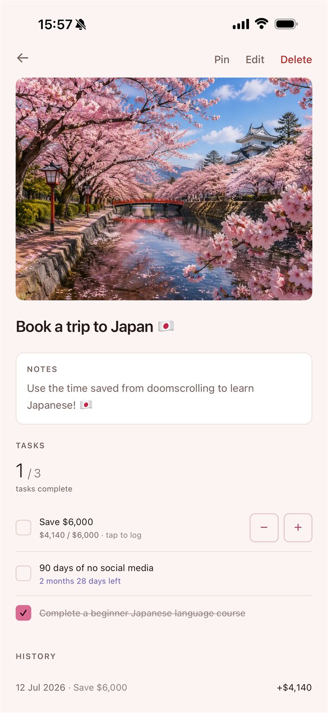 Blush theme: Book a trip to Japan reward — $4,140 of $6,000 saved, 90 days of no social media underway, Japanese course ticked off