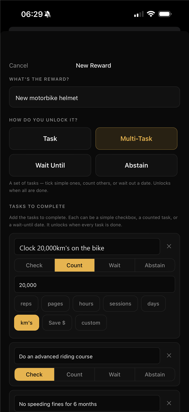 Creating a multi-task reward: motorbike helmet with a distance count, a course checkbox and a no-speeding-fines abstain