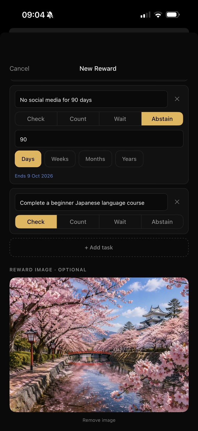 Japan reward tasks: no social media for 90 days ending 9 Oct, and a Japanese language course checkbox