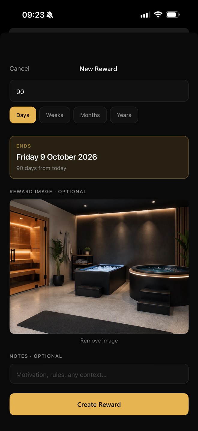 Abstain configured for 90 days ending Friday 9 October 2026, with a spa recovery room photo